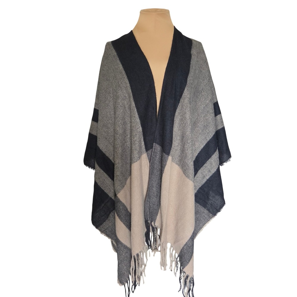 Vince Camuto Womens Plaid Colorblock Fringe Wrap Poncho Navy Blue Grey OS